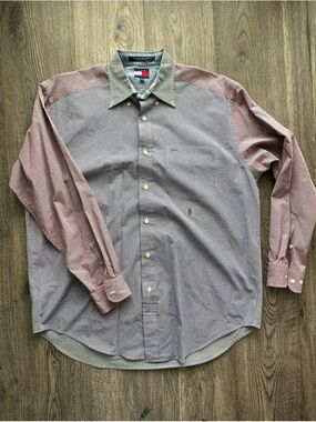 Vintage Tommy Hilfiger Men’s Multi-Pattern Color BlockDress Shirt - Red and Blue